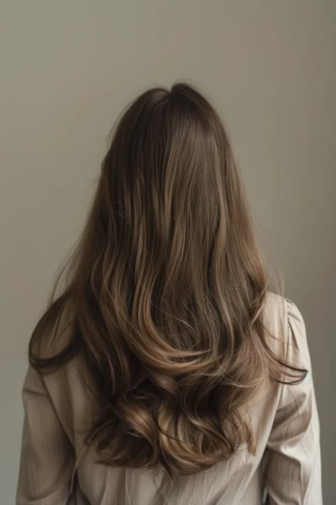 Woman with long, wavy brown hair facing away from the camera against a neutral background. Old Money Straight Hair, Old Money Brunette Hair Short, Old Money Curly Hair, Men Undercut, Old Money Brunette, Rambut Brunette, Honey Brown Hair, Brown Hair Looks, Hairstyle Men