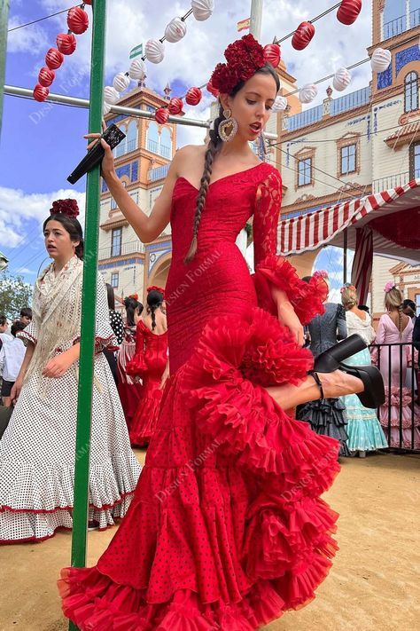 Spain Clothes, Tango Dress Red, Tiered Long Skirt, Flamenco Style Dress, Flamenco Dresses, Outfits For Spain, Flamenco Costume, Long Tiered Skirt, Flamenco Dancer