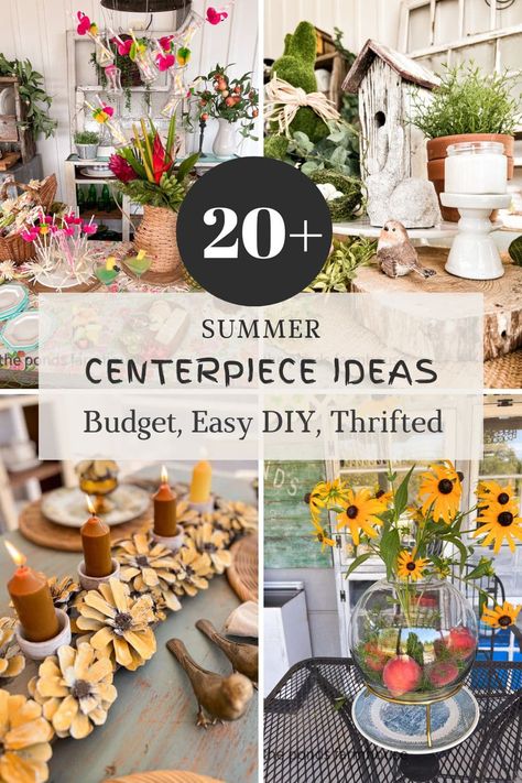 20+ Summer Centerpiece Ideas using budget-friendly, thrifted and DIY ideas. Diy Summer Wedding Centerpieces, Bbq Table Centerpieces, Late Summer Table Decor, Picnic Centerpiece Ideas Table Decorations, Picnic Table Centerpieces Outdoor, Summer Party Centerpiece Ideas, Garden Party Centerpiece Ideas, Picnic Table Centerpieces, Summer Centerpiece Ideas