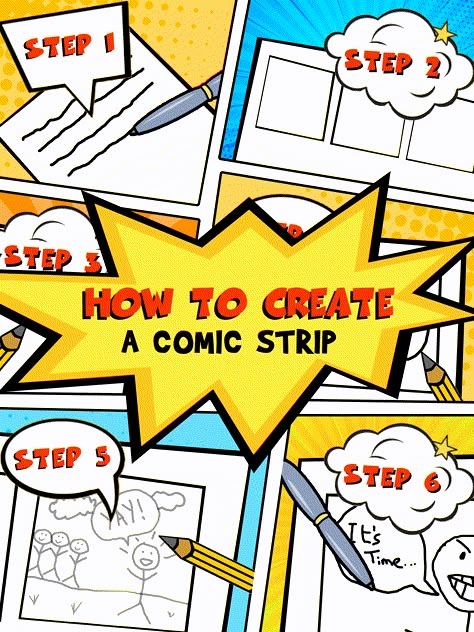 Here's how to create a comic strip in 6 steps. Follow these simple step-by-step instructions to create your first-ever comic strip. Create A Comic Strip, Love Story Comic, National Comic Book Day, Comic Book Wallpaper, Comic Book Display, Comic Book Tattoo, Make A Comic Book, Comic Template, Comic Book Storage