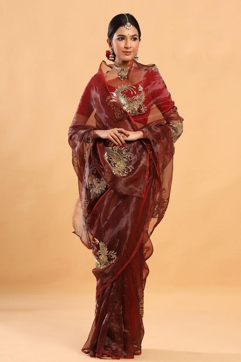 Shop for Ruar India Maroon Tissue Placement Embroidered Saree With Blouse for Women Online at Aza Fashions Maroon Saree, Simple Saree Designs, Traditional Blouse Designs, Indian Bride Outfits, Indian Saree Blouse, Tissue Saree, Indian Saree Blouses Designs, Saree Designs Party Wear, Indian Dresses Traditional