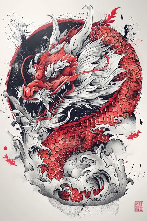 Asian Theme Tattoo Sleeve, Chinese Fire Dragon Tattoo, Japanese Dragon Tattoo Designs Drawings, Traditional Japanese Dragon Tattoo Designs, Anime Dragon Tattoo, Japanese Tattoos Ideas, Japanese Traditional Dragon Tattoo, Japanese Dragon Tattoos For Men, Colored Dragon Tattoo