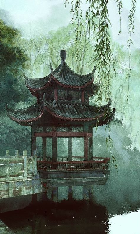 TITLE UNKNOWN BY IBUKI SATSUKI. Similiar small pagodas are popular in gardens throughout Asia. Many placed in the water or beside ponds. www.richard-neuman-artist.com Ancient China Fantasy Art, Ancient China Landscape, Ap Painting, Chinese Environment, Ancient Chinese Painting, Fantasy History, Asian Landscape, Fantastic Voyage, Art Chinois