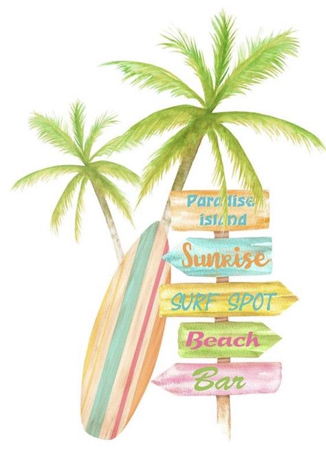 Hawaiian Beach Painting, Hawaii Theme Drawing, Summer Watercolour Painting, Beachy Drawings Ideas, Text Drawing Words, Summer Inspired Drawings, Cute Beachy Drawings, Cute Beachy Paintings, Surf Boards Drawing