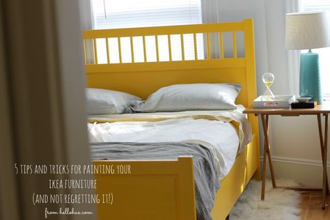 I painted our IKEA bed frame and lived to blog about it. — Lindsay Wilkins Art Ikea Bed Frame, Painted Bed Frames, Ikea Hemnes Bed, Yellow Headboard, Ikea Bed Frames, Hemnes Bed, Ikea Showroom, Yellow Bed, Cama Ikea