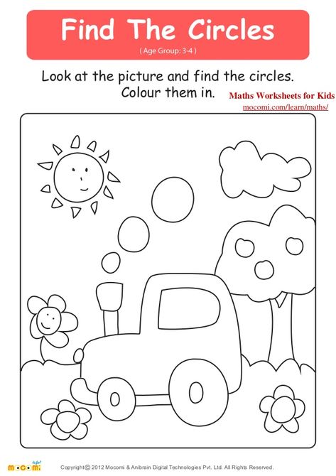 Find The Circles ( Age Group: 3-4 ) Look at the picture and find the circles. Colour them in. Maths Worksheets for Kid... Worksheets For Toddlers, Color Worksheets For Preschool, Toddler Printables, Coloring Worksheets, Free Preschool Printables, Circle Math, Shapes Preschool, Kindergarten Printables, Printable Preschool Worksheets