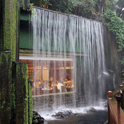 #Waterfall house. Water cascading over a large window. Zen. It looks more like a restaurant.  I wonder where?  Peaceful Waterfall House, Taman Air, Green Walls, Vegetarian Restaurant, Water Walls, Water Feature, Tropical Garden, Water Garden, 인테리어 디자인