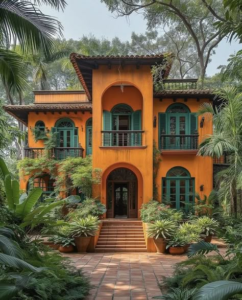 Meddeterian House, Traditional Mexican House Hacienda Style, Mexican Architecture House, Pueblo Revival Architecture, Bohemian Exterior House, Sims 4 Mexican House, Hacienda Style Exterior, Colorful Mexican House, Small Mexican House