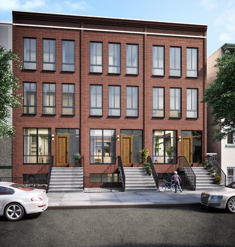 Townhouse With Garage, Townhome Design, New York Townhouse, Nyc Townhouse, Townhouse Exterior, Modern Townhouse, Urban Housing, Town Houses, Row Houses