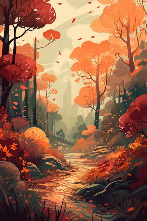 Understanding The Self Background, Fall Background Illustration, Fall Digital Art Wallpaper, Fall Fantasy Wallpaper, Autumn Wallpaper Drawing, Fall Vibes Drawings, Phone Backgrounds Orange, Fall Art Inspiration, Cute Fall Phone Wallpaper