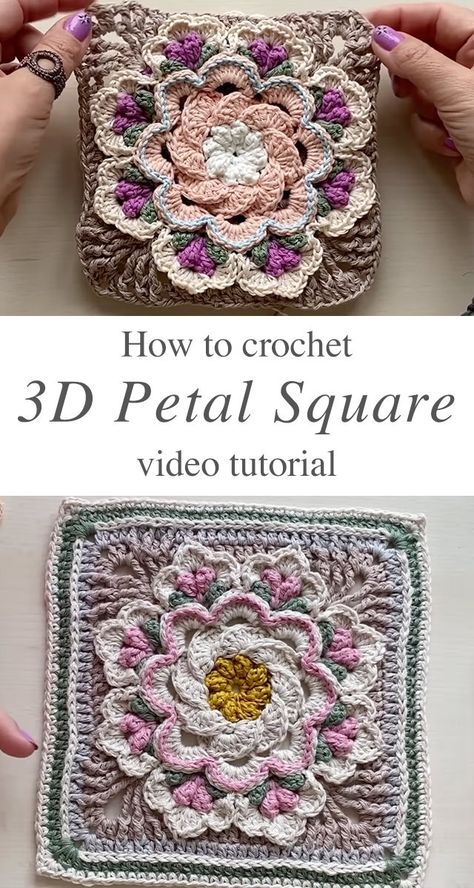 Crochet 3D Petal Granny Square: A Step-by-Step Guide - CrochetBeja Granny Square Flowers, Sofa Cover Ideas, Flower Granny Squares, Crochet Music, Scrap Yarn Projects, Free Heart Crochet Pattern, Heart Crochet Pattern, Crochet Flower Granny Square Pattern, C Craft