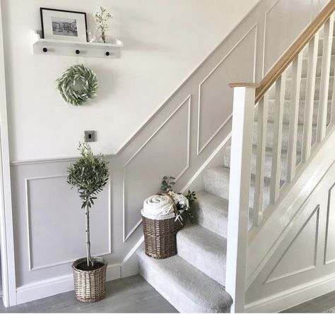 Hall Stairs And Landing Ideas, Grey And White Hallway, White Hallway Ideas, Stairs And Landing Ideas, Stairs And Hallway Ideas, Stair Paneling, Hall Stairs And Landing, Entrance Hall Decor, Landing Ideas