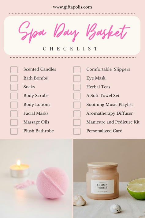 Craft the ultimate relaxation experience with our Spa Day Basket Checklist! Perfect for birthdays, anniversaries, or just because, this guide ensures your gift brings the tranquility of a spa right to their doorstep. Pin this guide to create the perfect spa day at home. Share the gift of relaxation and self-care today! 🎁💕 #SpaDayBasket #RelaxationGifts #GiftBasketIdeas #Giftapolis Spa Day Gifts, Spa Basket, Care Basket, Luxurious Skincare, Spa Box, Spa Gift Basket, Spa Ideas, Spa Day At Home, Pedicure Kit