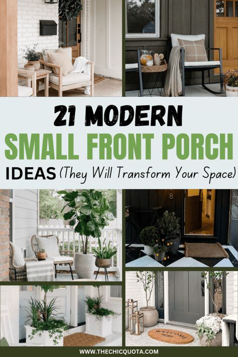 Front Porch Entrance Decor, Front Porch Ideas Mid Century Modern, Furniture For Porch, Front Door Tiny Porch, Small Modern Front Porch, Everyday Front Porch Decor, Modern Front Porch Decorating Ideas, Small Narrow Front Porch Ideas, Narrow Front Porch Ideas Entrance