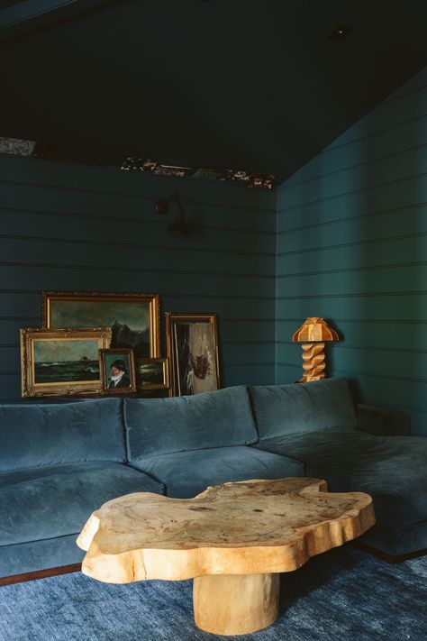 The Family Room Update + The Case For A Dark Moody Room - Emily Henderson Sherwin Williams Stillwater, Dark Moody Room, Garden Fire Pit Ideas, Lounge Tv Room, Teal Painted Walls, Moody Room, Teal Paint Colors, Teal Rooms, Luxurious Lounge