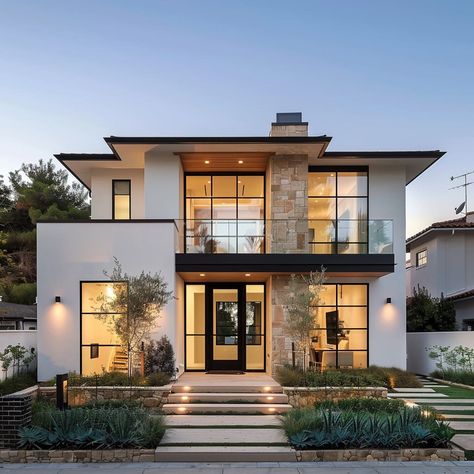 American Home Interior Modern, Unique Modern House Exterior, Two Story Modern House Exterior, Modern Exterior Home Design, Contemporary Family Home, American House Design Modern, Cozy Modern Home Exterior, Modern Exterior Design House, Modern Style Home Exterior