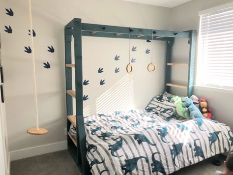 Monkey bars over bed Monkey Bars In Bedroom, Bedroom Monkey Bars, Monkey Bars In Playroom, Jungle Gym Bedroom, Loft Bed Monkey Bars, Jungle Gym Bed, Bunk Bed Jungle Gym, Basement Jungle Gym For Kids, Monkey Room Ideas