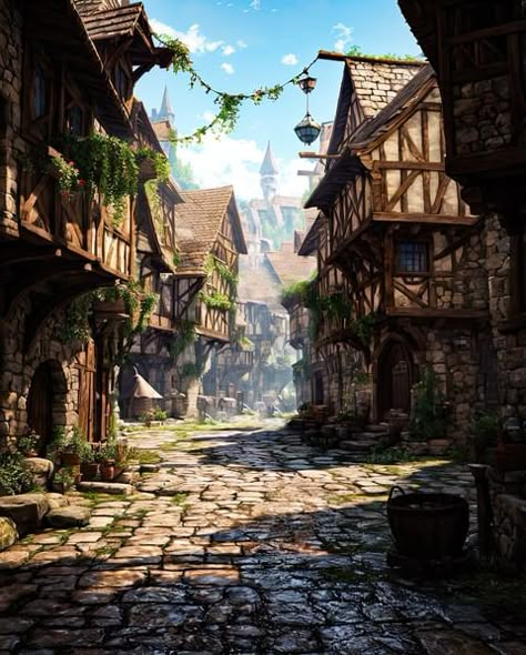 Dnd Town Art, Medieval Brothel, Abandoned Village Fantasy Art, Fantasy Village Art Medieval Town, Medieval Town Art, Medival Towns Cities, Medieval City Landscape, Medieval Town Background, Medieval Street