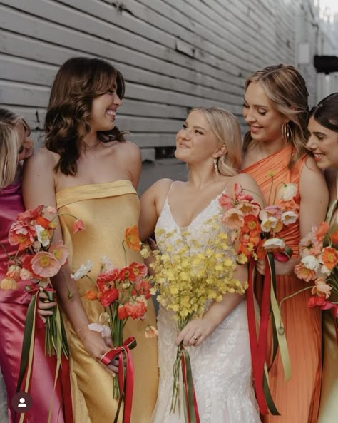 Bright Bold Bridesmaid Dresses, Mismatch Orange Bridesmaids, Pink Orange Green Bridesmaid Dresses, Colorful Flowers Bridesmaid, Bold Color Bridesmaid Dresses, Sunset Colour Bridesmaid Dresses, Pink Yellow Orange Bridesmaid Dresses, Pastel Sunset Bridesmaid Dresses, Pink Orange Yellow Bridesmaid Dresses