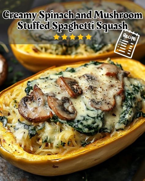 Creamy Spinach and Mushroom Stuffed Spaghetti Squash 🍄🌿 Squash Recipes Easy, Squash Recipes Healthy, Healthy Squash Recipes, Spaghetti Squash Recipes Healthy, Spaghetti Squash Recipes Easy, Stuffed Spaghetti Squash, Mushroom Stuffed, Spinach And Mushroom, Stuffed Squash