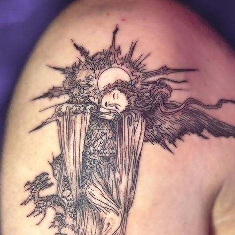 Final Fantasy X Tattoo Ideas, Anime Angel Tattoo, Ff15 Tattoo, Ff7 Tattoo Ideas, Aerith Tattoo, Final Fantasy X Tattoo, Ffxv Tattoo, Final Fantasy Vii Tattoo, Ffvii Tattoo