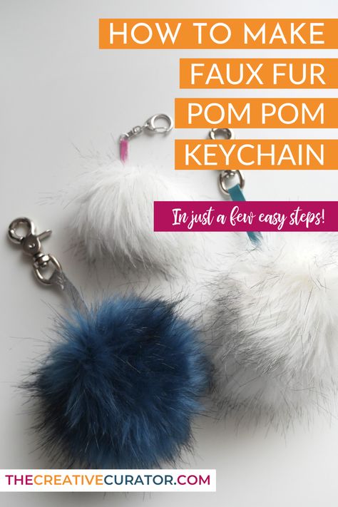 White and blue DIY faux fur pom pom keychains on a white table top with the words 'how to make faux fur pom pom keychain in just a few easy steps' in top half of image. Diy Pom Pom Keychain How To Make, Crochet Pom Pom Keychain, Pompom Keychain Diy, Fake Fur Crafts, Pom Pom Keychain Diy, Fur Projects, Diy Puffs, Gnome Ideas, Crochet Queen