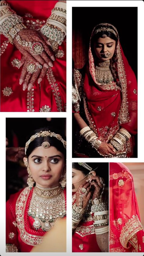 Rajputi Bridal Poshak, Rajputi Poshak Bridal Look, Rajputi Bride Wedding, Rajput Bridal Look, Rajput Bride Pose, Poshak Photoshoot Ideas, Rajputani Poshak For Bride, Gold Hathphool Designs Rajputi, Rajputi Bridal Look