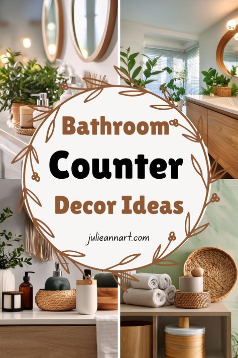 Bathroom Counter Decor Ideas Farmhouse Bathroom Countertop Decor, Restroom Countertop Decor Ideas, Bathroom Sink Top Decor, Cherry Wood Bathroom Decor, Boho Bathroom Counter Organization, Bathroom Counter Styling Modern, Over Counter Sink Bathroom, Decor For A Bathroom, Small Bathroom Counter Storage