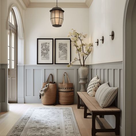 Minimalist pastel entryway with flowers to usher in spring. Nicely styled wooden bench with fluffy pillows. Rustic wicker baskets, black and white framed artwork, a patterned rug to match with pastel wood paneling and a statement light - it all makes such good impression. Bench Near Stairs, Entryway Ideas Paint Wall Colors, Natural Hallway Ideas, Arched Hallway Entryway, Entry Way Painting Ideas, Small Upstairs Hallway Ideas, Wide Hallway Ideas, Foyer Accent Wall Entryway, Small Entryway Design Inspiration