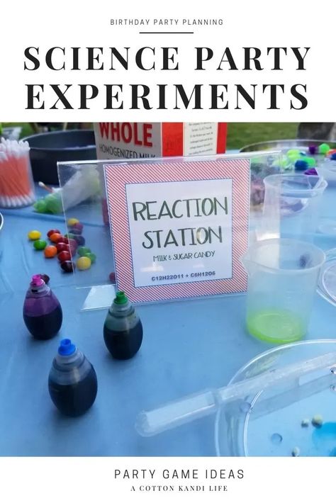 Science Experiment Stations made easy for your next birthday party. You'll get a BIG reaction with some simple kitchen ingredients! Run stations and watch your kids light up for basic chemistry they can do too. Birthday Party Experiments, Safe Chemistry for Kids, Mad Scientist Party Ideas, VBS Activities, Vacation Bible School Theme. Science Lab Birthday Party Ideas, Science Party Table, Steam Party Ideas, Science Birthday Party Experiments, Science Experiments Party, Birthday Science Experiments, Mad Scientist Birthday Party Ideas, Kids Science Birthday Party Ideas, Science Lab Birthday Party