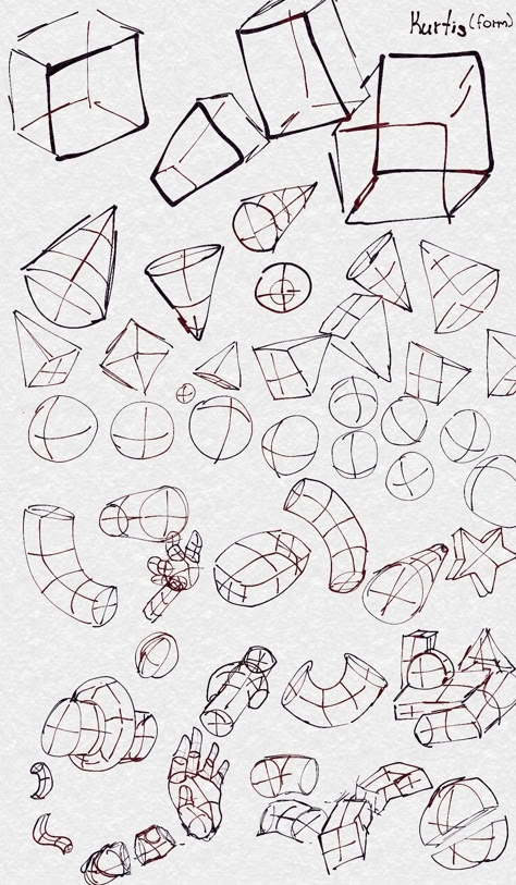 Shapes Perspective Drawing, Shapes To Draw Bodies, 3d Shapes Sketch, Drawing Ideas Shapes, Form In Art Drawing, Anatomy Practice Shapes, 3d Shapes Art Reference, Basic Perspective Reference, Drawing Fundamentals Shape