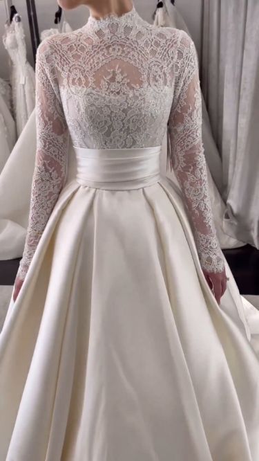 Wedding Dress Button Back, 1950 Wedding Dress, Lace Satin Wedding Dress, High Neck Long Sleeve Wedding Dress, Wedding Dresses High Neck, Long Sleeves Wedding Dress, Dresses High Neck, Baju Kahwin, Sleeves Wedding Dress