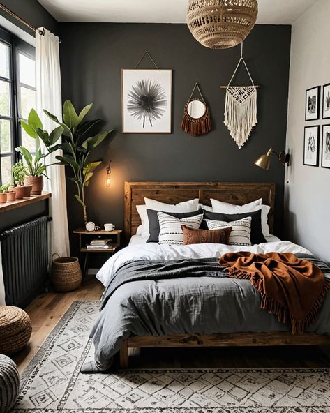 Dark Coastal Interior Design, Cozy Bedroom Boho, Pnw Bedroom Aesthetic, Boho Bedroom For Couples, Pnw Bedroom, Mountain Apartment Interior, Wood Aesthetic Bedroom, Dark Wood Bedroom Aesthetic, Dark Scandinavian Bedroom