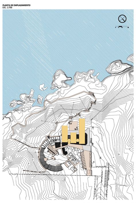 Overhead plan of Coastal Marine Research station by Martin Hurtado Arquitectos Marine Research Center Architecture, Marine Research Center, Marine Architecture, Marine Ecology, Labs Plan, Research Station, Coastal Architecture, Collage Style, Architecture Collage