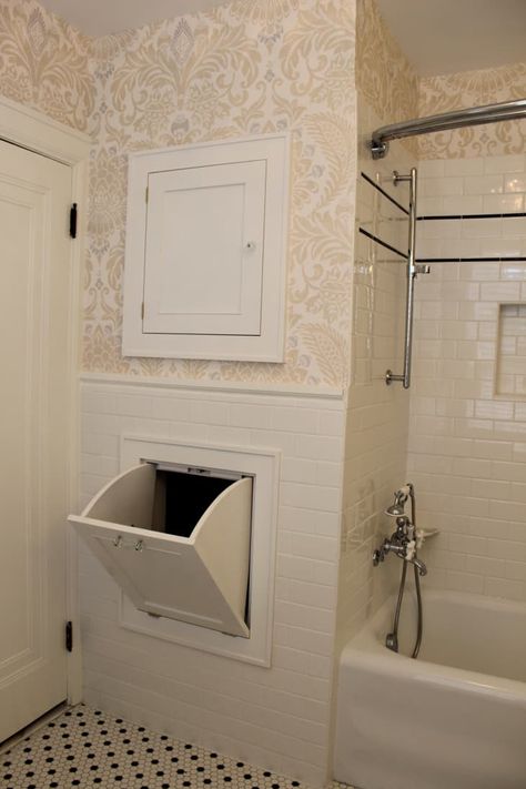 Why the Laundry Chute Has All But Disappeared From Our Homes | Apartment Therapy Laundry Shoot, Laundry Chute, Half Walls, Bath Tiles, Upstairs Bathrooms, Laundry Mud Room, Bathroom Storage Cabinet, Laundry Room Ideas, Bathroom Wallpaper