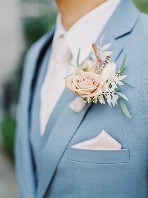 Blue Wedding Suit Groom, Blue Groomsmen, Pastel Wedding Colors, Groom And Groomsmen Suits, Light Blue Suit, Flower Boutonniere, Light Pink Wedding, Blue Suit Wedding, Blue Wedding Inspiration