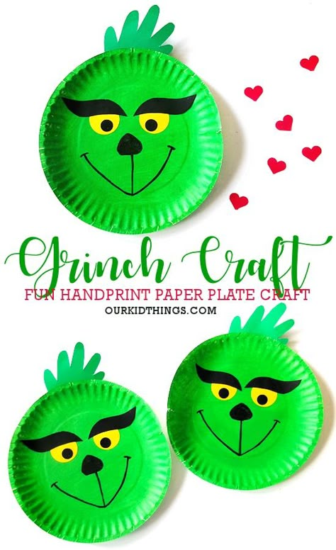 Handprint Grinch Paper Plate Craft - Our Kid Things Arts And Crafts For Toddlers Christmas, Preschool Green Crafts, Paper Plate Toddler Crafts, Christmas Kindergarten Party Ideas, Christmas Arts N Crafts, Christmas Project For Preschool, Paper Plate Xmas Crafts, Paper Plate Crafts For Christmas, Handprint Grinch Craft