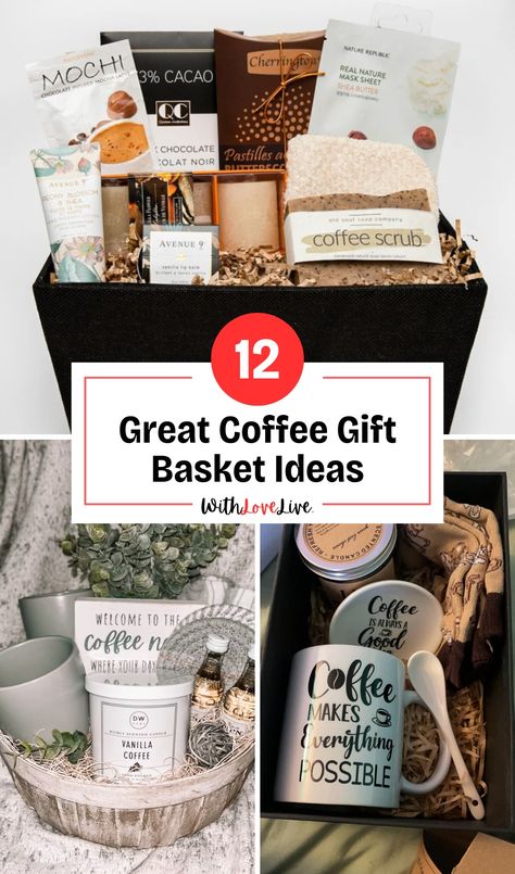 You can never go wrong with a coffee gift basket, they are the perfect way to surprise and delight a coffee enthusiast in your life. Coffee is a staple beverage that anyone would love and gifting someone a coffee basket is thoughtful. Coffee Gift Basket Ideas Diy, Crockpot Gift Basket Ideas, Coffee Gift Basket Ideas, Gift Basket Coffee, Coffee Lovers Basket, Starbucks Gift Baskets, Raffle Gift Basket Ideas, Coffee Lover Gifts Basket, Chocolate Gift Baskets