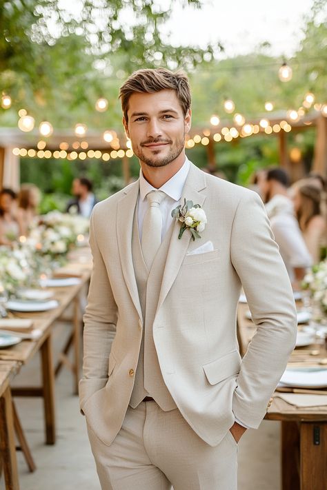 Elevate your wedding style with summer groom outfit inspiration for a dreamy celebration! Discover how the right attire can enhance your wedding's theme and reflect your personality. Save this pin for stunning ideas!  #SummerWedding #GroomOutfit #WeddingStyle #WeddingPlanning #GroomWear #DreamWedding #WeddingInspiration #BridalStyle #GroomFashion #WeddingTrends #SummerCelebration #StylishGroom #WeddingElevated #WeddingIdeas #WeddingDecor Men Suit Summer Wedding, Light Navy Groomsmen Suits, Cream Color Groom Suit, Light Grey Wedding Suit Groom Attire, Cream Grooms Suit, Tan And Lavender Suit, Summer Wedding Tan Suits, Garden Groom Attire, Beige Tuxedo Wedding Groom Attire