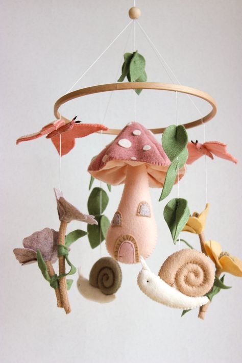 Fairy Garden Mobile, Fairy Baby Mobile, Woodland Baby Mobile, Fairy Mushroom House - Etsy Nursery Mushroom Theme, Fairy Nursery Theme Fairytale, Garden Theme Nursery Girl, Woodland Fairy Nursery Theme, Fairy Core Nursery, Mushroom Forest Nursery, Tea Party Nursery, Whimsical Garden Nursery, Felt Mobile Baby