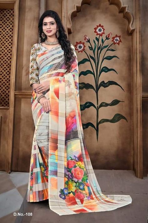 Saree Digital Print, Digital Saree, Floral Wreath Watercolor, Modern Saree, Half Sarees, Wreath Watercolor, Sarees Collection, Stylish Sarees, Georgette Sarees