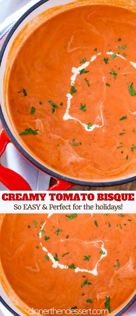 Tomato Bisque is super silky smooth version of the classic tomato soup we all love with a finishing touch of heavy cream in less than an hour and no babysitting the pot! | #soup #tomatosoup #fall #dinnerthendessert #winter #tomato #christmas #thanksgiving Best Tomato Bisque Soup Recipe, Instant Pot Tomato Bisque, Hearty Tomato Soup Recipes, Golo Meals, Popular Soups, Tomato Soups, Tomato Bisque Soup, Bisque Soup Recipes, Soup Homemade