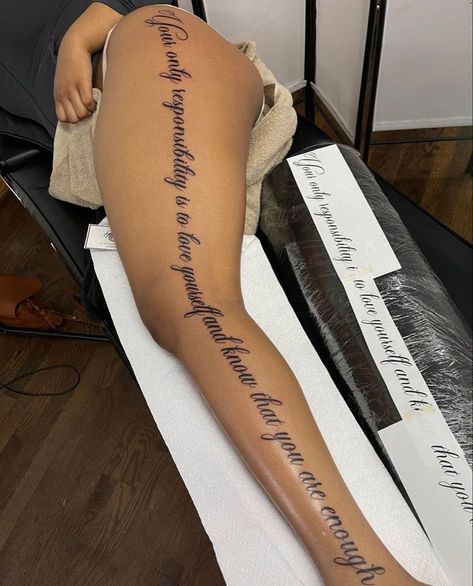 Leg Quote Tattoos Women, Thigh Tattoos Women Words, Tattoo Leg Woman, Under Cheek Tattoo, Leg Quote Tattoo, Tattoo Designs Skull, Tattoo Designs Floral, Tattoo Designs Black And White, Tattoo Designs Watercolor