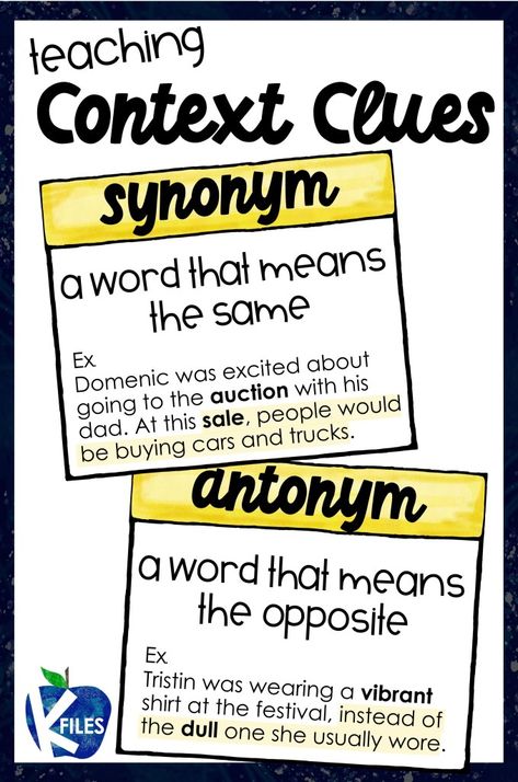 Teach students how to use context clues to find the meaning of an unknown word using 6 different types of context clues: synonyms, antonyms, definition, word parts, explanation and description. Antonym Anchor Chart, Antonyms Anchor Chart, Types Of Context Clues, Synonym And Antonym, School Mom, Success Meaning, Synonyms And Antonyms, Context Clues, Readers Workshop