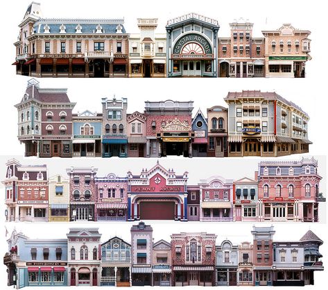 Zoom in (real dimensions: 1024 x 902) Main Street Buildings, Disneyland Main Street, Planet Coaster, Disney Imagineering, Main Street Usa, Parc D'attraction, Vintage Disneyland, Parking Design, Street Design