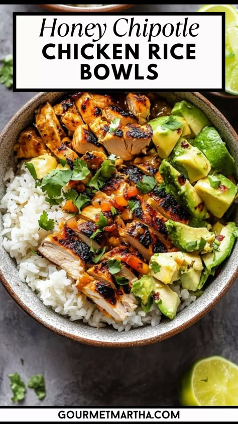 Spice up your weeknight dinners with these mouthwatering Honey Chipotle Chicken Rice Bowls! The perfect balance of sweet and spicy flavors, these bowls are ideal for quick, healthy meals or meal prepping. Packed with tender chicken, fluffy rice, and vibrant veggies, it’s a satisfying dish the whole family will love.  #HoneyChipotleChicken #SpicyChickenRecipe #RiceBowlRecipe #MealPrepIdeas #EasyWeeknightDinners #HealthyChickenRecipes #SweetAndSpicyChicken #ChipotleChicken #QuickDinnerIdeas #... Chicken Rice Protein Bowl, Chicken Avocado Dinner Recipes, Chicken Buddha Bowl Recipe, Clean Eating Rice Bowls, High Protein Chicken Bowl, Honey Lime Chicken Bowl, Honey Chipotle Chicken Rice Bowl, Chicken Rice Bowls Mexican, High Protein Quick Dinner