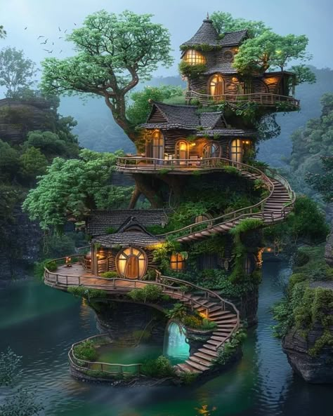 Spiral Staircase House, Tree Houses For Adults, Mythical House, Treehouse Aesthetic, Amazing Tree House, Fairytale Homes, Enchanted House, Fantasy Treehouse, Luxury Tree Houses