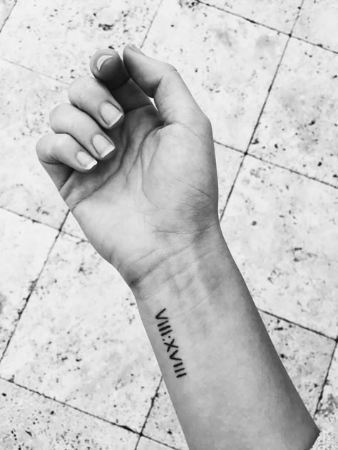 alexandra-nicole-the-blog: “Getting a lot of questions about this so here we go! When? A few months ago. What? VII:XVIII Meaning: It’s 8:18 in Roman numerals for Romans 8:18. Why? A message to me,... Roman Numeral Tattoos, Date Tattoos, Small Wrist Tattoos, Discreet Tattoos, Tattoo Feminina, Tattoo Life, Trendy Tattoos, Little Tattoos, Small Tattoo