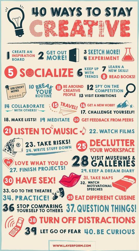 40 ways to Stay Creative http://www.layerform.com/40-ways-stay-creative-infographic/ Stay Creative, Creative Infographic, Creative Posters, Inbound Marketing, Digital Marketing Strategy, Self Development, The Words, Writing Prompts, Self Improvement