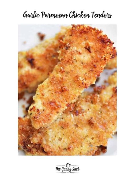 Garlic Parmesan Chicken Tender Recipe - The Gunny Sack Chicken Tenders Oven, Garlic Chicken Tenders, Garlic Parmesan Chicken Tenders, Parmesan Garlic Chicken, Baked Garlic Parmesan Chicken, Parmesan Chicken Tenders, Oven Baked Chicken Parmesan, Gunny Sack, Baked Chicken Parmesan